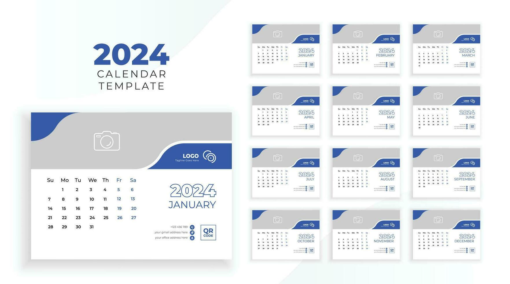 calendrier 2024 planificateur entreprise modèle conception ensemble. modèle pour annuel calendrier 2024. la semaine départs sur dimanche vecteur