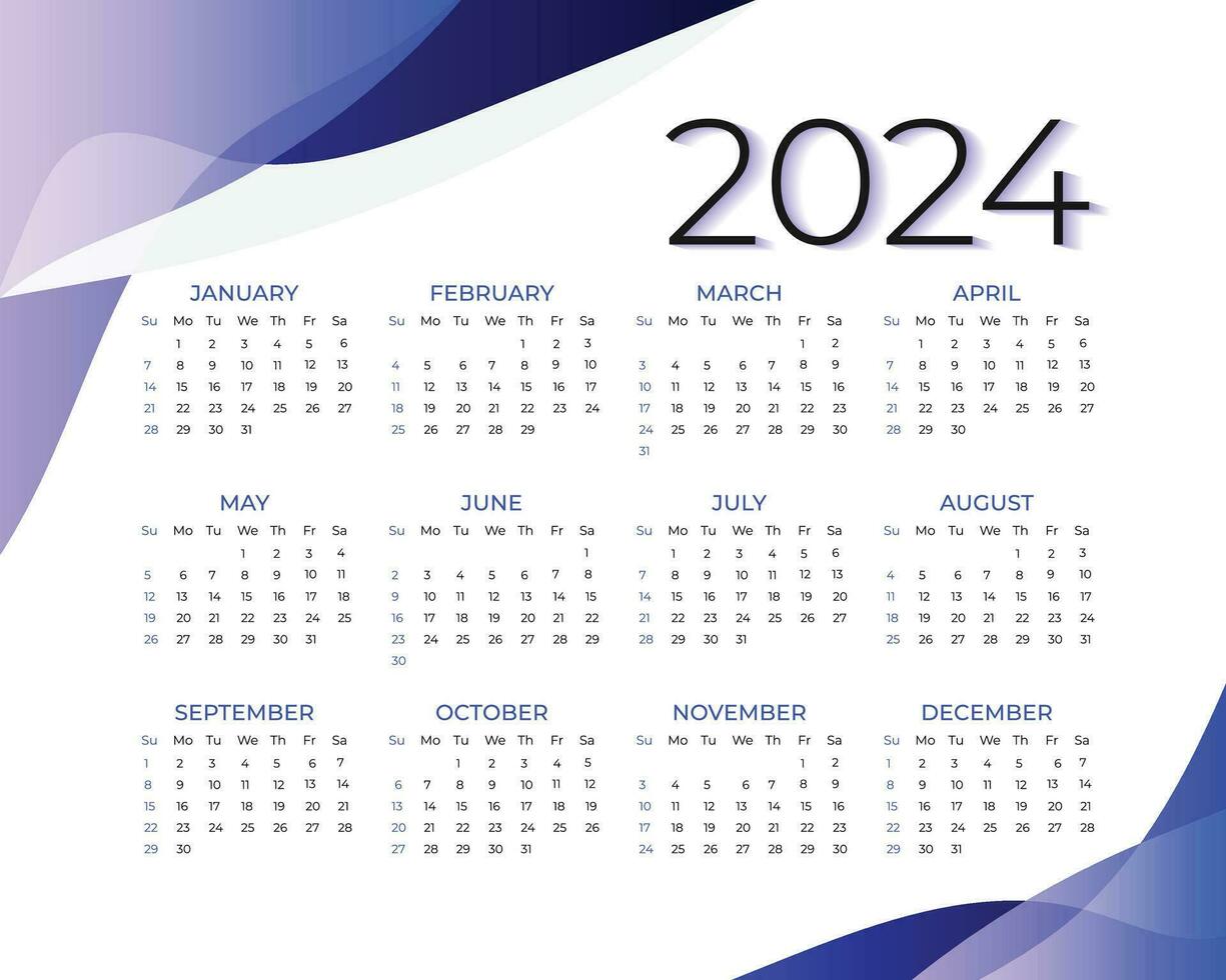 moderne style Nouveau année 2024 calendrier modèle. Facile calendrier pour 2024 an. vecteur modèle. bureau calendrier, la semaine départs de dimanche