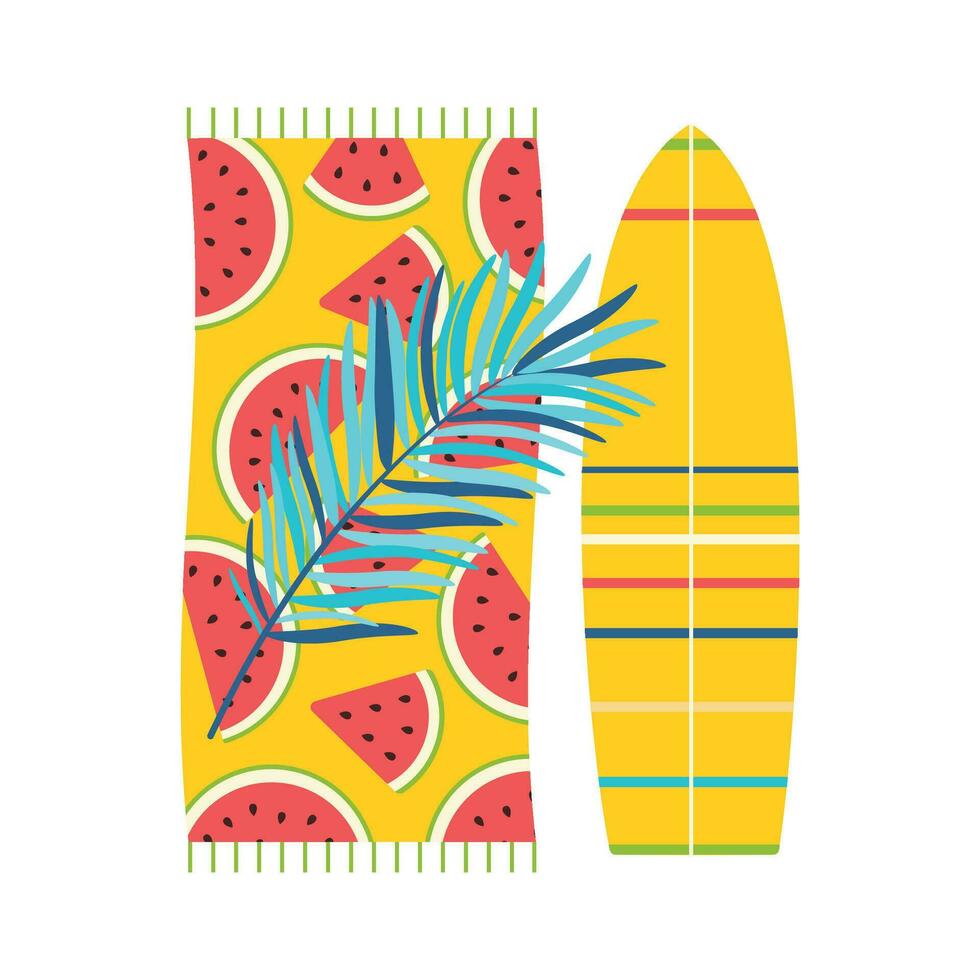 plage ensemble pour été voyages. serviette, paume feuilles, planche de surf. vecteur