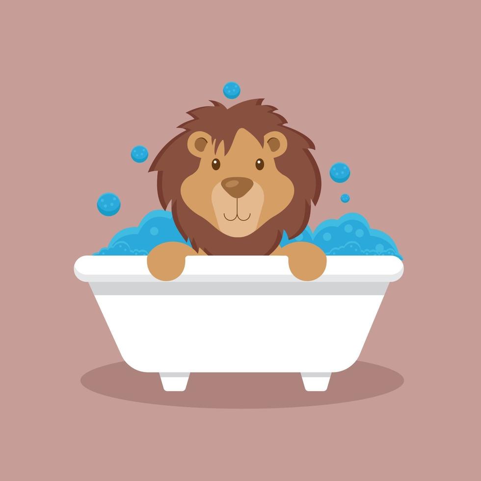 lion mignon prendre un personnage de dessin animé de bain vecteur