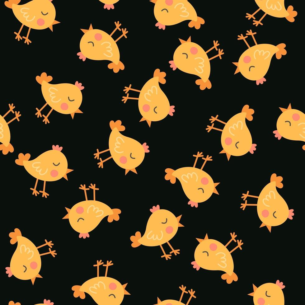 modèle sans couture. animal de ferme drôle mignon pour les enfants. pépinière impression dessin animé petit poussin jaune sur fond noir. vecteur