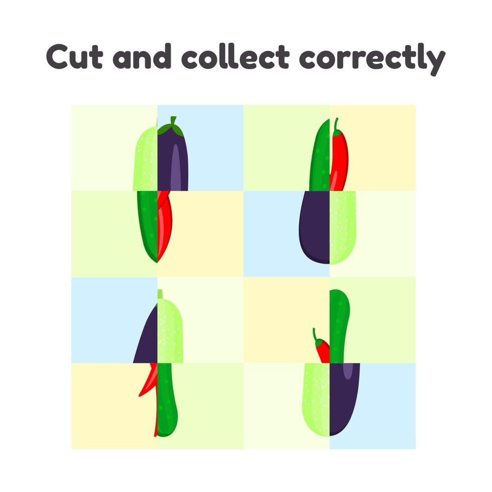 illustration vectorielle. jeu de puzzle pour les enfants d'âge préscolaire et scolaire. couper et ramasser correctement. légumes, concombre, courgette, piment, aubergine vecteur