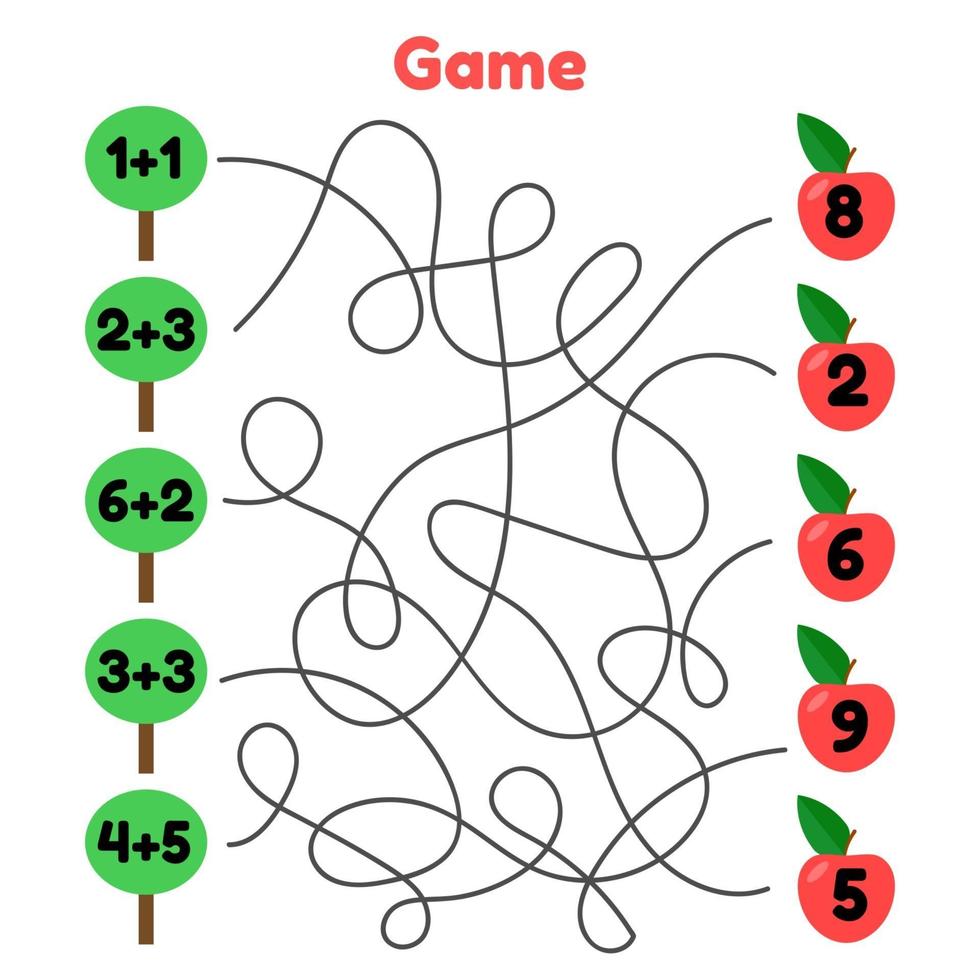 illustration vectorielle. jeu de mathématiques pour les enfants d'âge scolaire et préscolaire. labyrinthe. résoudre les exemples. route compliquée. arbres et pommes. vecteur