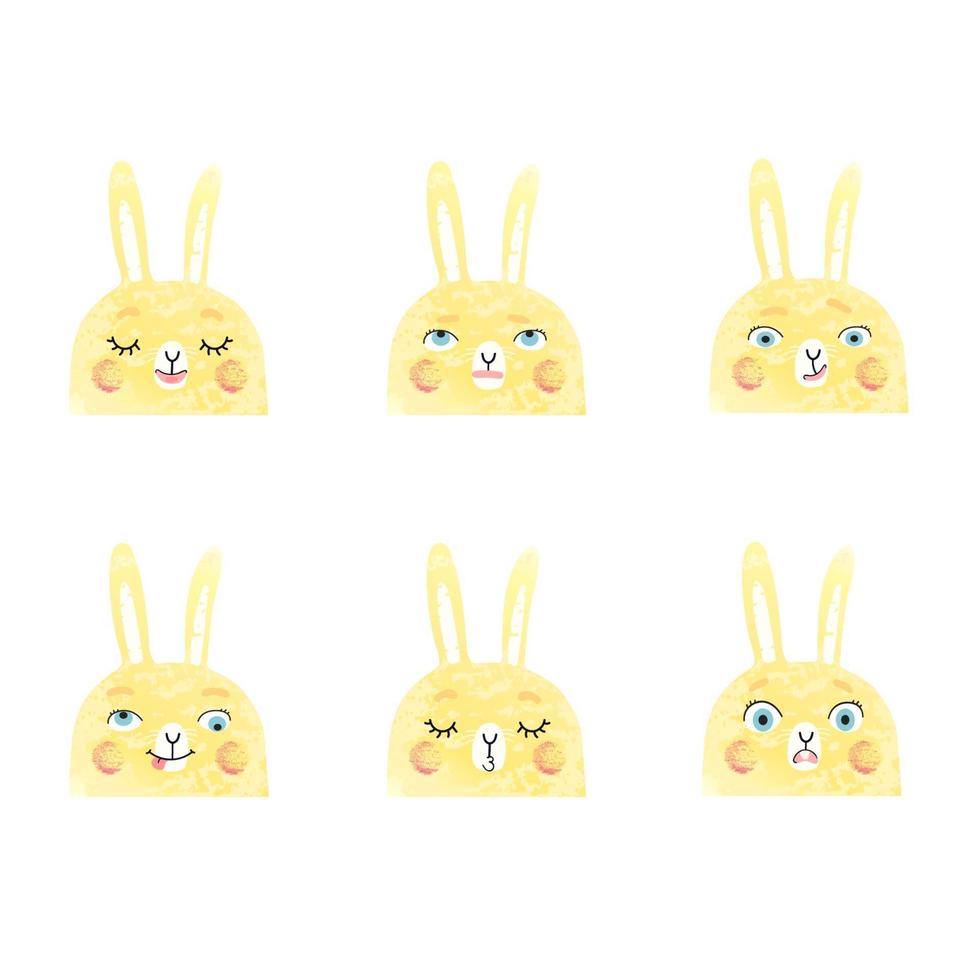 vecteur moderne avec de jolies illustrations de lapins avec différentes émotions. utilisez-le comme élément de conception de carte de voeux, d'affiche, d'émoticônes de dessin animé de messagerie instantanée, de publication sur les réseaux sociaux, de conception de jeux pour enfants