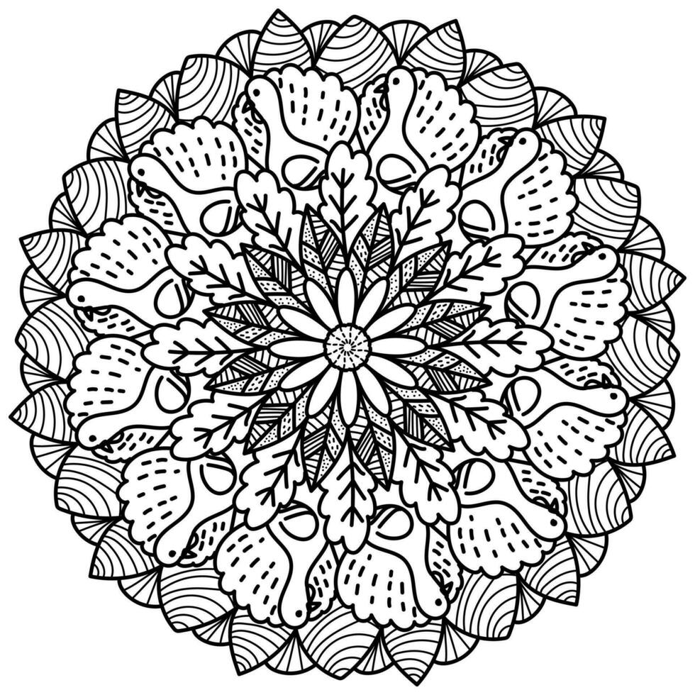 action de grâces mandala avec dinde et feuilles, méditatif coloration page avec motifs et fleur vecteur