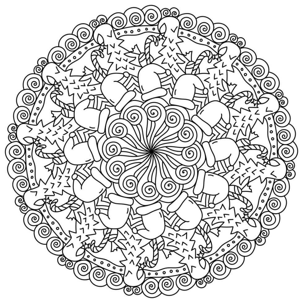 Noël mandala, méditatif coloration page avec Noël arbre et santas chapeau et fleuri motifs vecteur