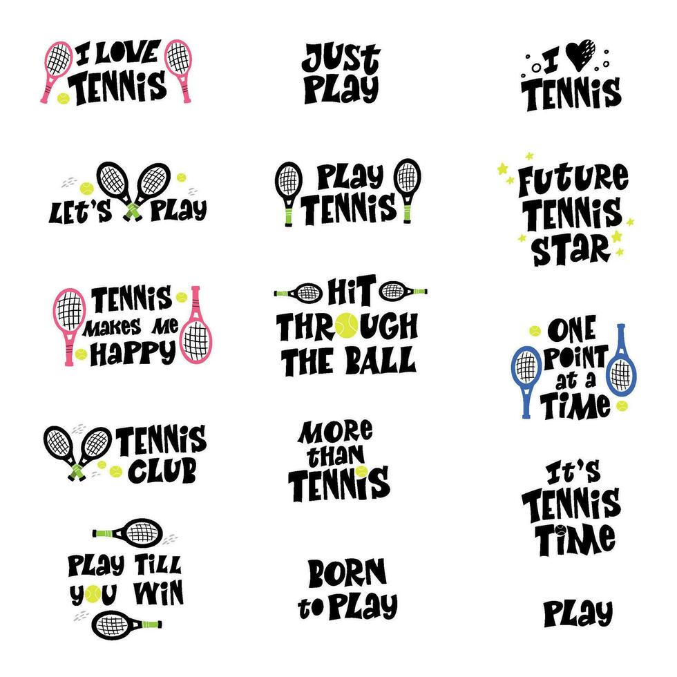 jouer tennis main tiré vecteur caractères ensemble. de motivation sport slogans avec tennis des balles et raquette sur blanc Contexte. compétitif jeu, en bonne santé mode de vie concept.