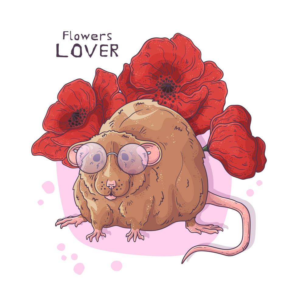 illustrations vectorielles dessinées à la main. rat réaliste mignon avec des fleurs. vecteur