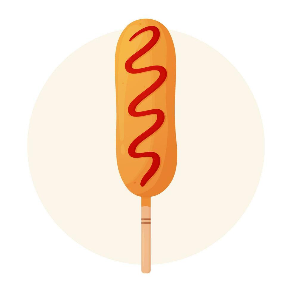 blé chien avec ketchup. saucisse dans pâte sur une bâton. américain ou coréen rue aliments. Fast food concept. détaillé plat illustration. vecteur