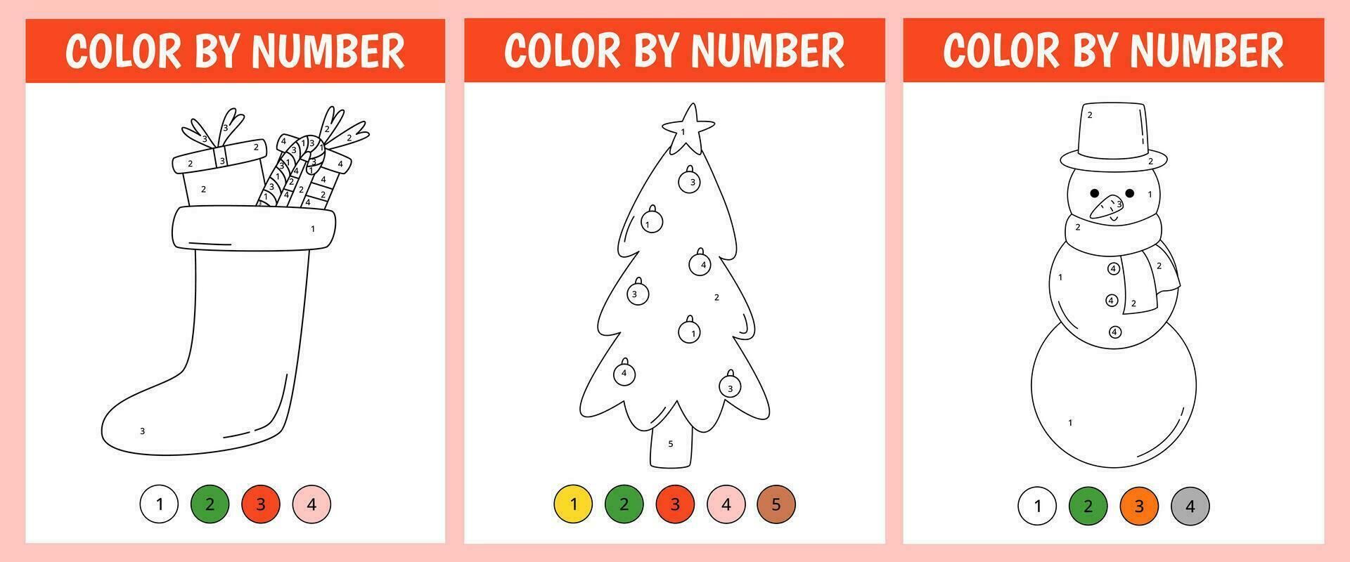 ensemble Couleur par nombre Jeu pour enfants. mignonne bonhomme de neige, chaussette avec cadeau boîte, Noël arbre. Noël coloration page. imprimable feuille de travail avec Solution pour école et préscolaire. apprentissage Nombres activité. vecteur