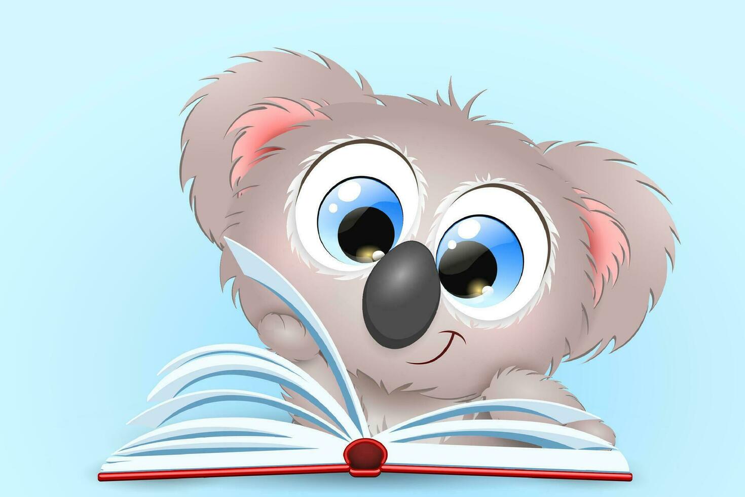 mignonne duveteux marrant dessin animé peu koala avec ouvert livre. connaissance concept vecteur