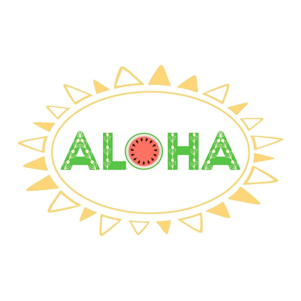 tropical impression pour T-shirt avec caractères aloha et pastèque mignonne fruit sur le blanc Contexte dans Jaune Cadre. typographique conception ouvrages d'art. vecteur