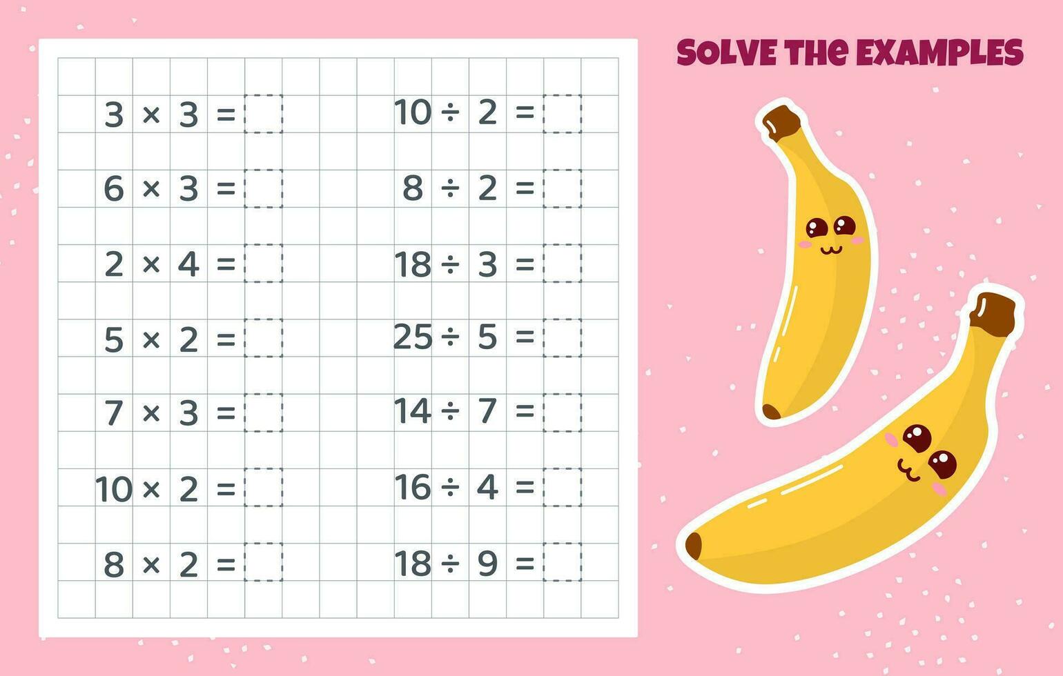 résoudre le exemples. division et multiplication. mathématique puzzle jeu. feuille de travail pour préscolaire enfants. vecteur illustration. dessin animé éducatif Jeu avec banane pour les enfants.