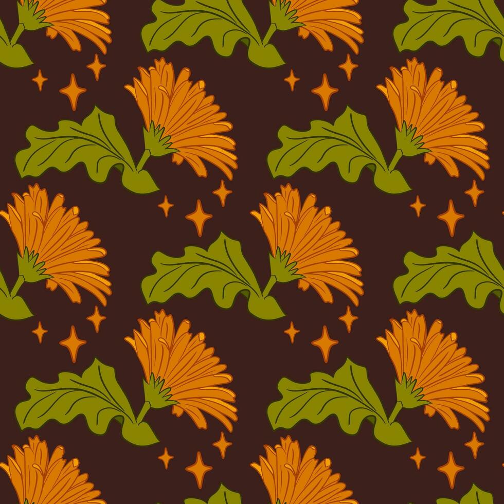 élégant floral sans couture modèle avec gerberas. Jaune isolé fleur avec feuille et étoiles dans plat contour style sur foncé Contexte. pouvez être utilisé comme contemporain textile, fond d'écran, emballage papier vecteur