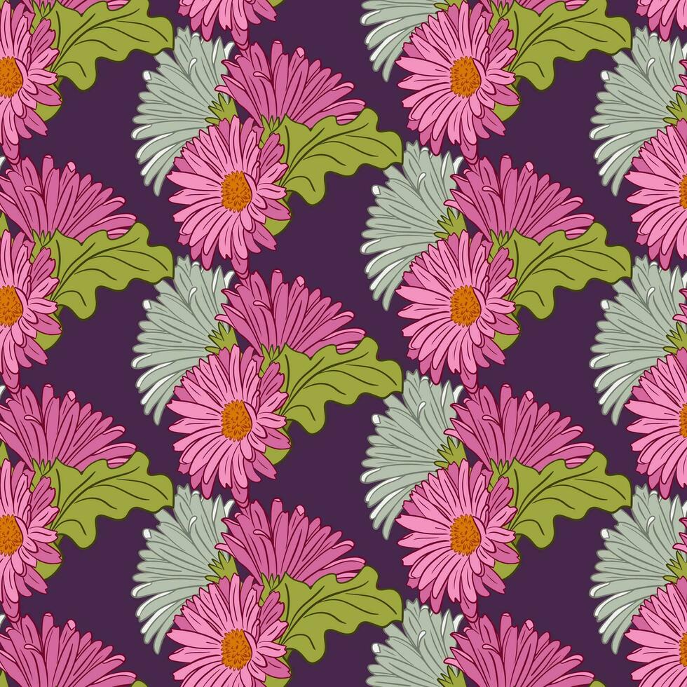 Gerberas bouquet vibrant sans couture modèle. vecteur floral modèle sur violet Contexte. botanique éléments dans plat contour style. adapté pour contemporain textile, fond d'écran, emballage papier, Accueil décor