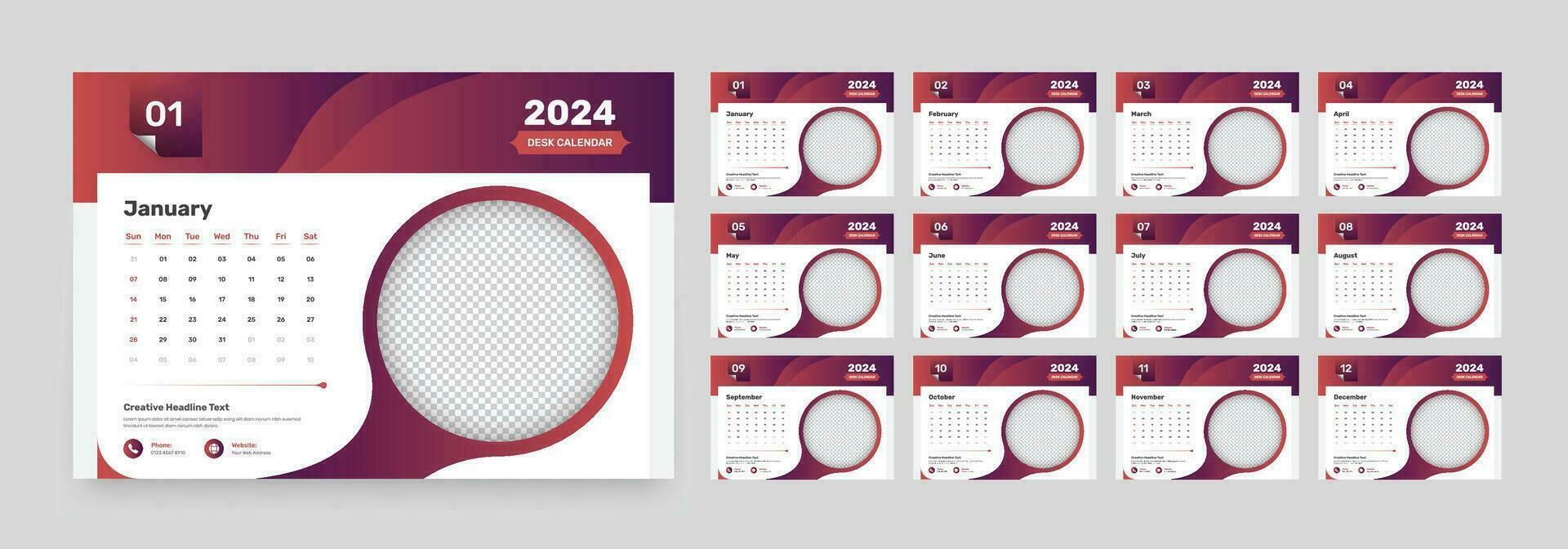 minimaliste moderne bureau calendrier modèle conception pour 2024 avec abstrait pente formes et une Douane image espace réservé vecteur