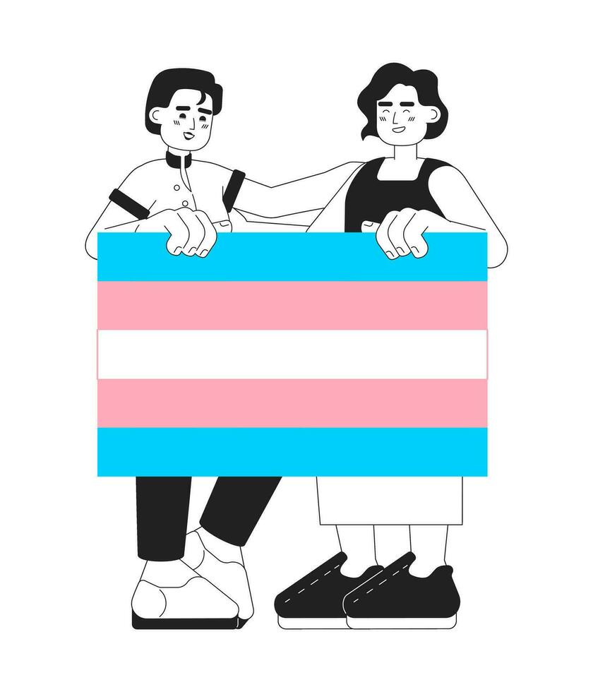 transgenres gens soutien chaque autre monochromatique plat vecteur personnages. modifiable mince ligne plein corps lgbt gens détient transgenre drapeau sur blanche. Facile bw dessin animé image pour la toile graphique conception