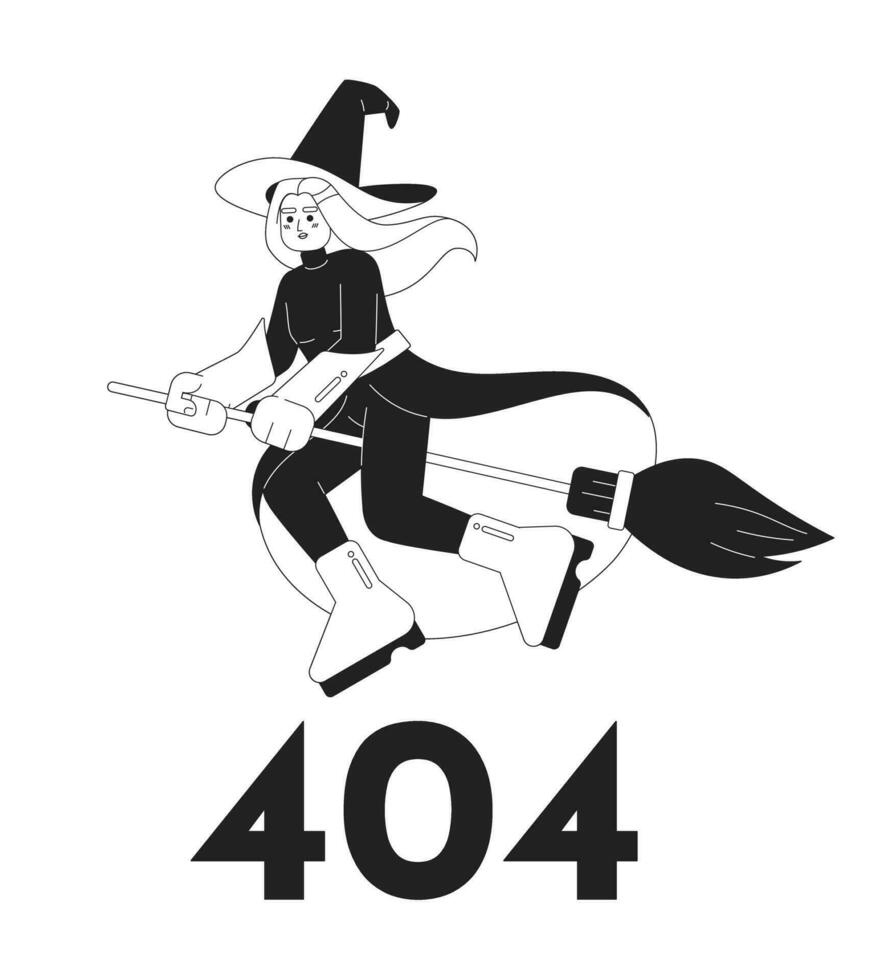 sorcière sur manche à balai noir blanc Erreur 404 éclat message. mystère personnage. vide Etat ui conception. page ne pas a trouvé apparaitre dessin animé image. vecteur plat illustration concept sur blanc Contexte