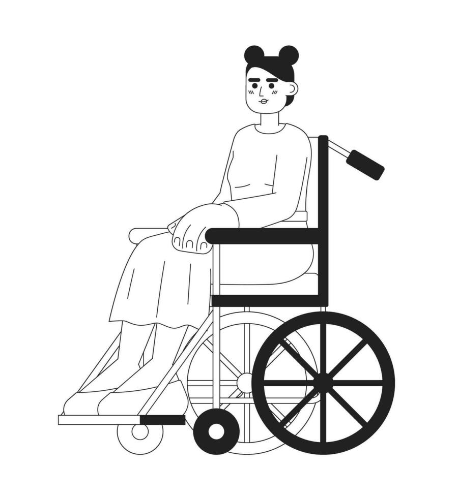 Jeune caucasien femme sur fauteuil roulant monochromatique plat vecteur personnage. modifiable mince ligne plein corps la personne avec invalidité sur blanche. Facile bw dessin animé place image pour la toile graphique conception