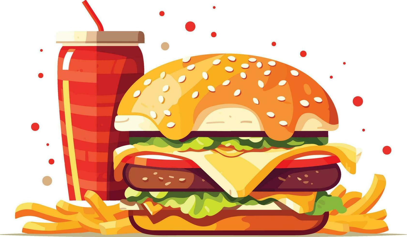 délicieux vite nourriture casse-croûte avec Burger, du Coca et Frais des légumes sur une blanc Contexte illustration, Burger, du Coca, chaud et épicé français frites illustration vecteur