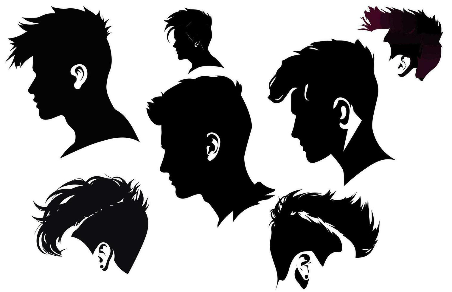 saper garçons cheveux style silhouette, tendance élégant homme poils, ensemble de Hommes cheveux modes et cheveux coupes, vecteur