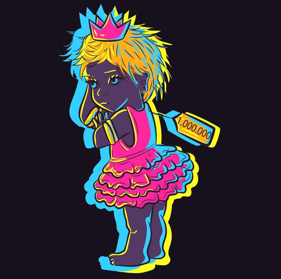 illustration mignonne d'un petit bébé néon mignon avec une étiquette de prix chère. adorable petite fille dans un tutu de princesse qui brille dans la nuit sous des lumières uv. vecteur