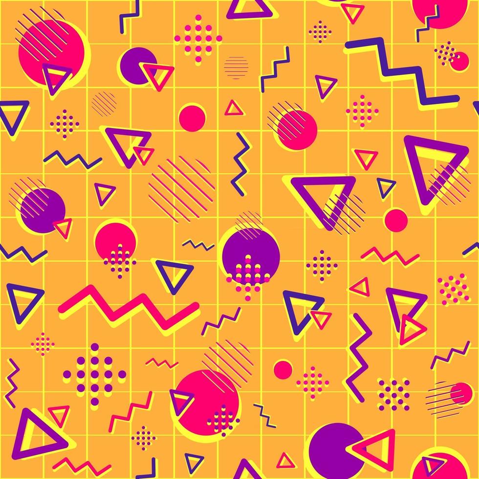 motif géométrique sans couture avec des formes violettes et magenta. fond psychédélique et funky répétitif avec des cercles, des triangles et des lignes en zigzag. fond d'écran créatif pour les sites Web. vecteur