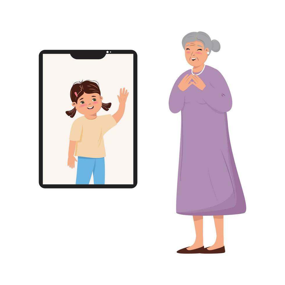 illustration de un personnes âgées femme ayant une vidéo appel avec le sien petite fille. distance connexion. vecteur