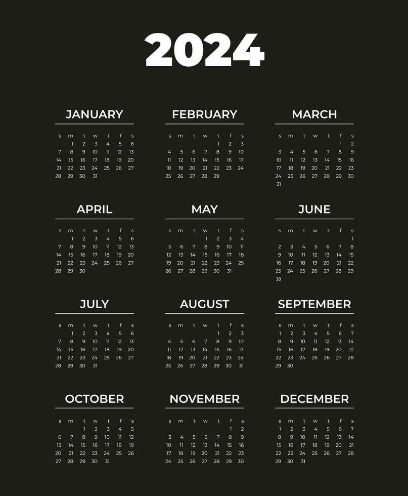 calendrier 2024 année. la semaine commence le dimanche. modèle de calendrier  anglais annuel 2024. 5081041 Art vectoriel chez Vecteezy