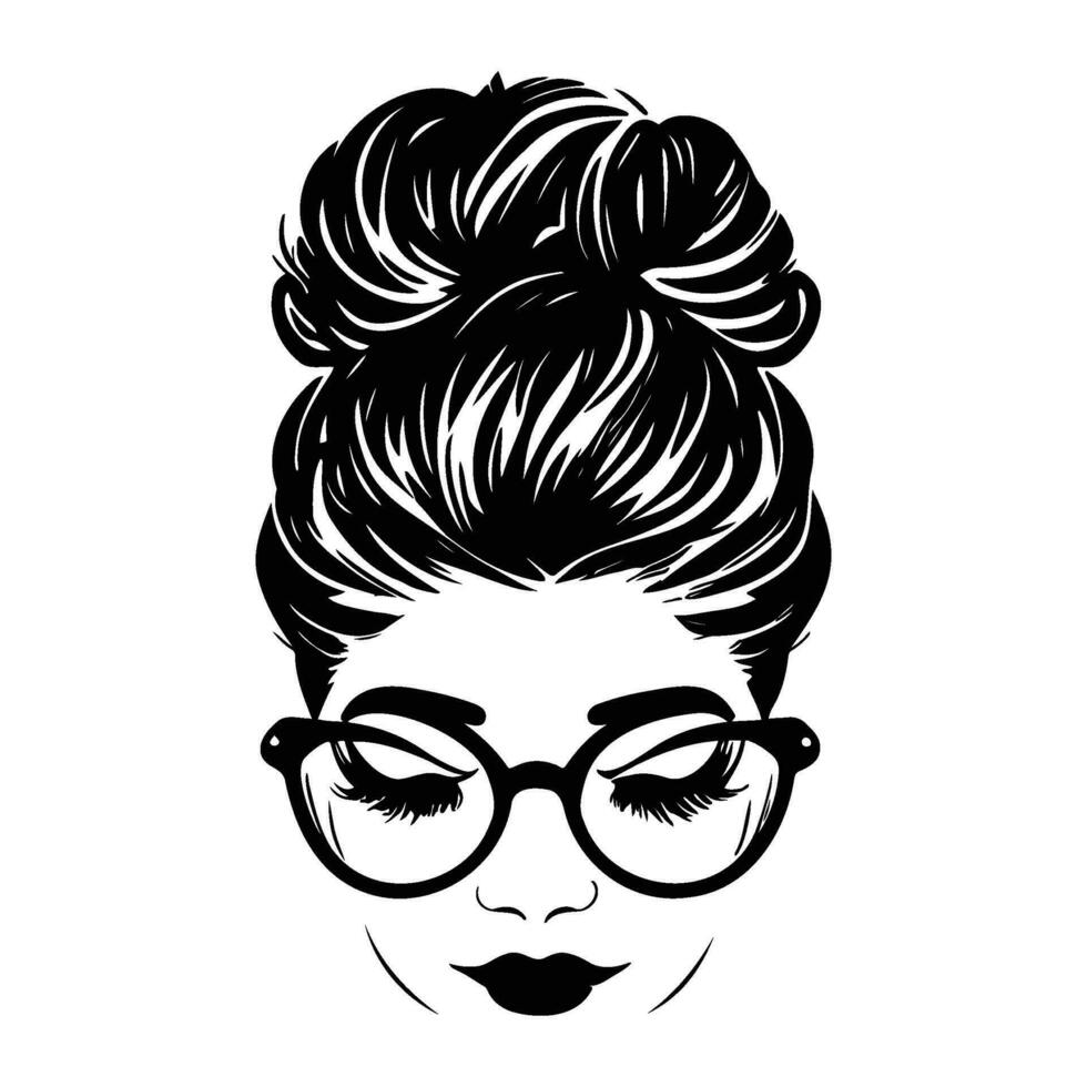 femme visage avec désordonné cheveux dans une chignon longue cils et œil des lunettes icône vecteur