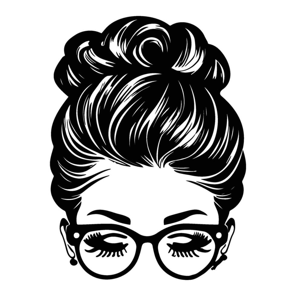 femme visage avec désordonné cheveux dans une chignon longue cils et œil des lunettes icône vecteur