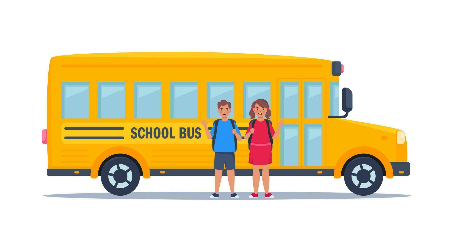 des gamins près Jaune classique école autobus. retour à école concept. vecteur illustration.