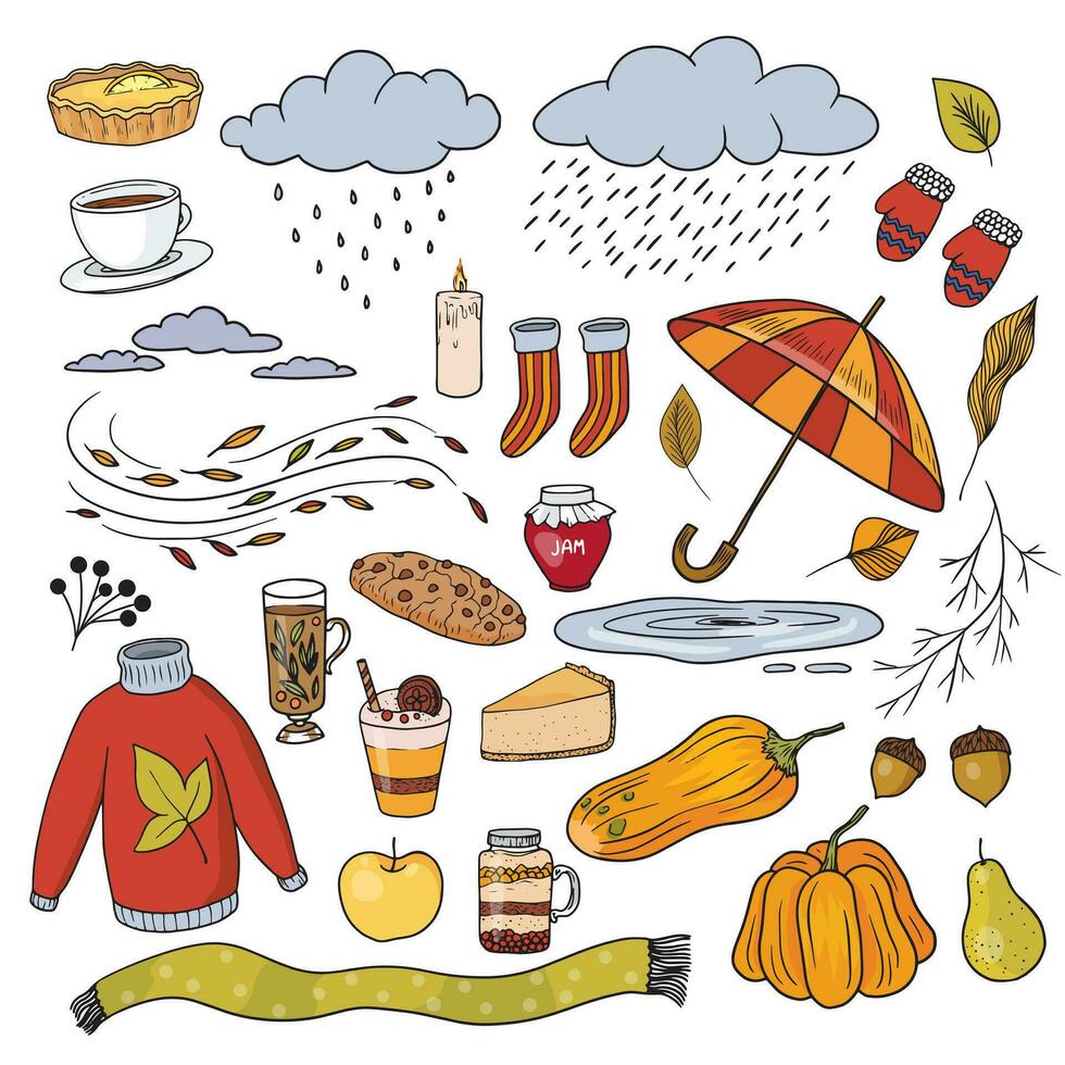 ensemble de l'automne confortable éléments. citrouille, feuilles, parapluie, Gâteaux, tasse de thé, chaussettes, chandail, Mitaines, des nuages, pluie, vent, flaque, feuilles, gland, desserts. collection de Naturel phénomènes des illustrations vecteur