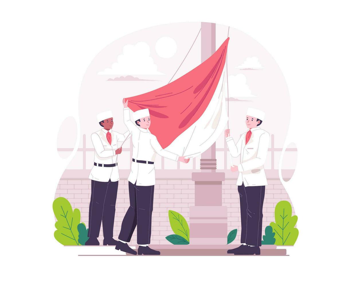 indonésien indépendance journée concept illustration. indonésien Jeune Hommes sont agitant drapeaux dans le cadre de le indépendance journée la cérémonie sur août 17e vecteur