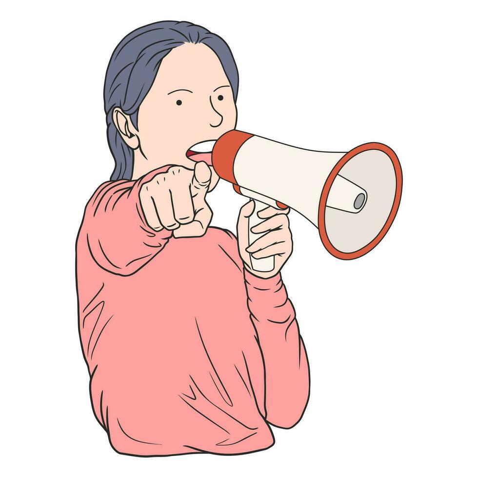 illustration de femme en hurlant et montrer du doigt avec main orateur vecteur