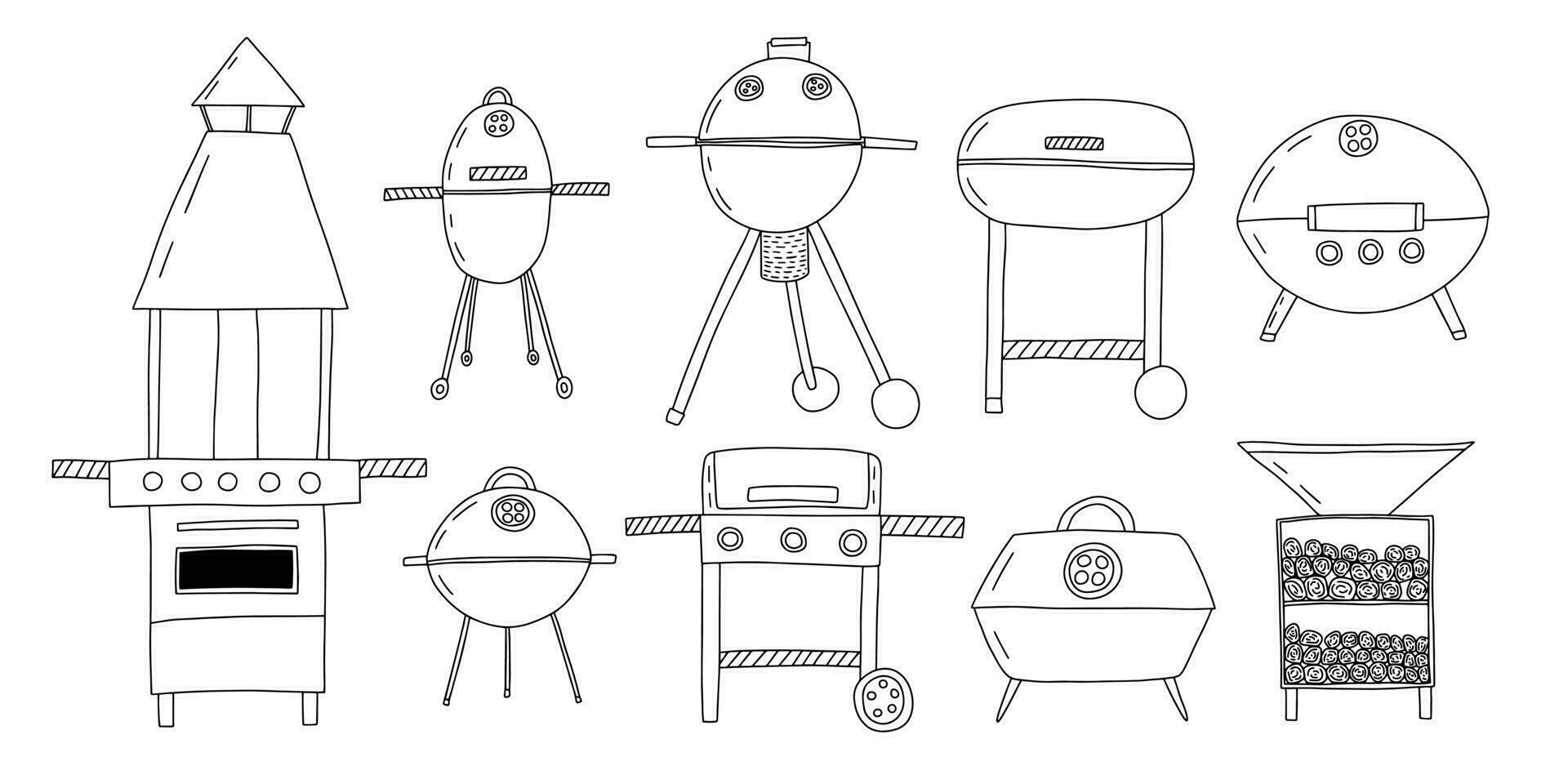 différent sortes de les fumeurs un barbecue esquisser ensemble. vecteur main tiré charbon bouilloires et barbecue grillades ensemble