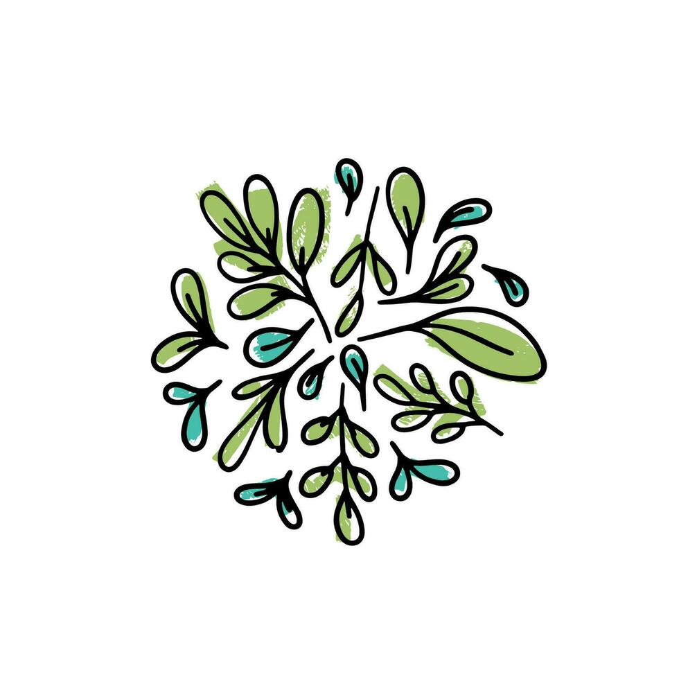 une ensemble de main tiré feuilles et gouttes sur une blanc Contexte. botanique composition. vecteur floral artistique éléments.