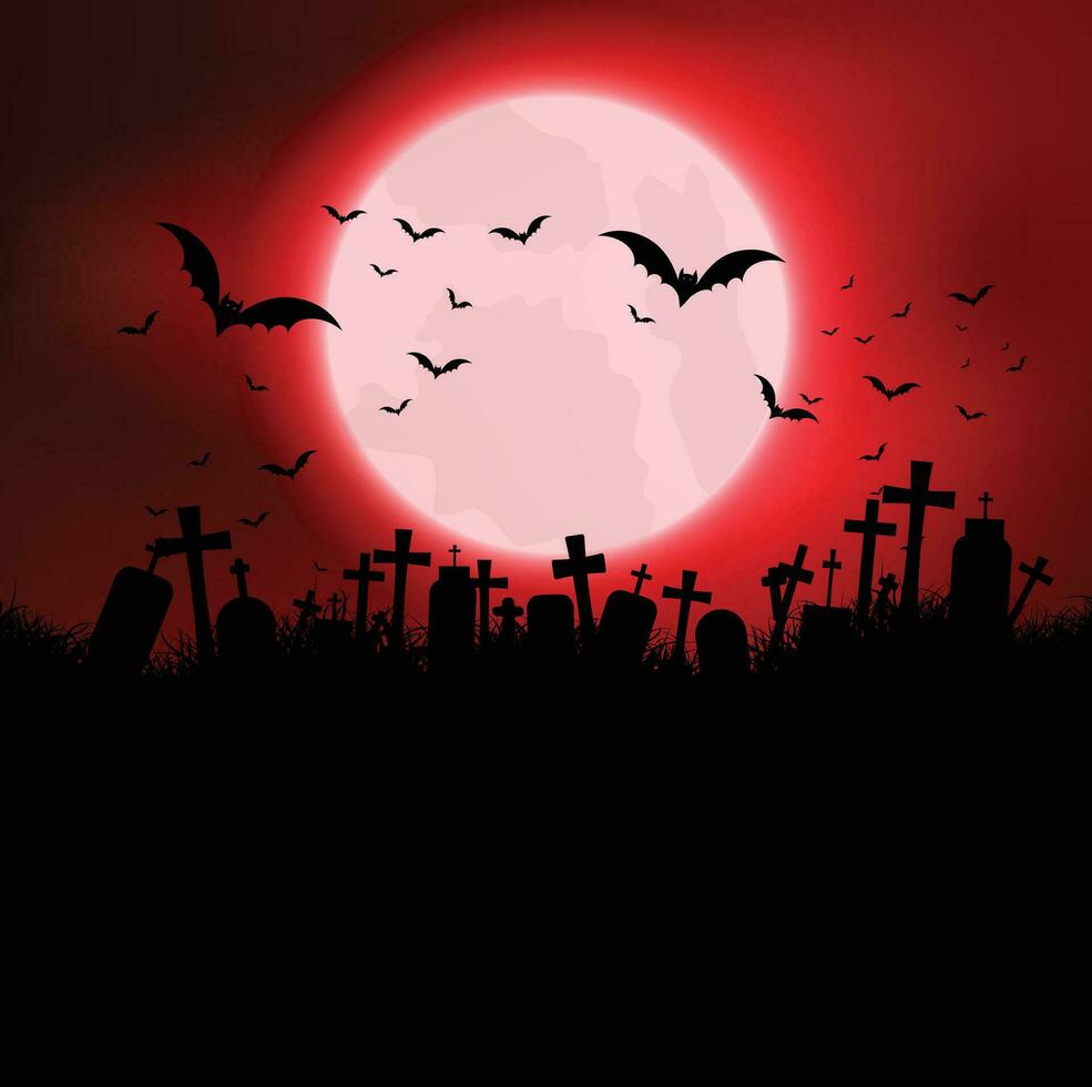 Halloween carte modèle avec plein lune, effrayant château, citrouilles et chauves-souris. vecteur