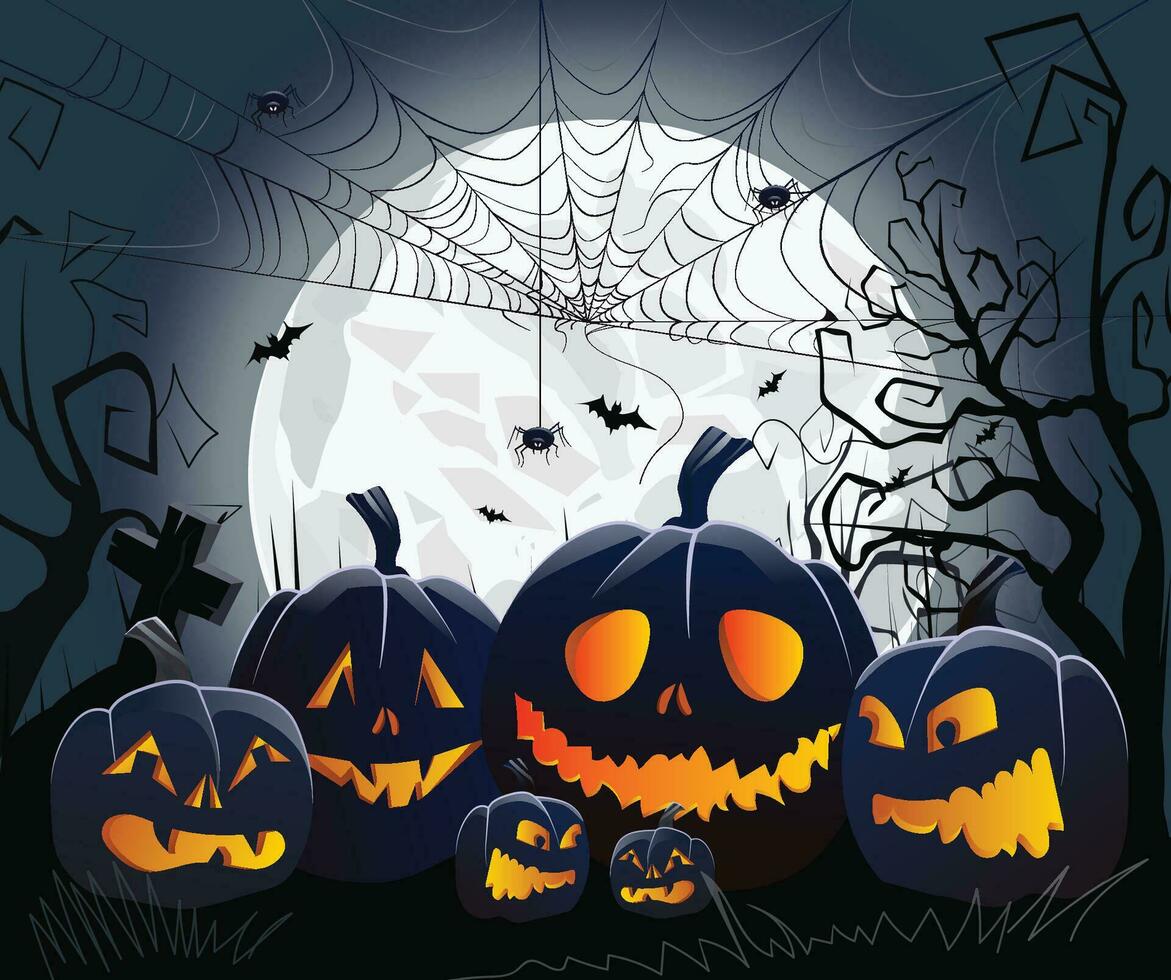 Halloween citrouilles, effrayant des arbres et hanté maison avec clair de lune sur Orange Contexte. vecteur