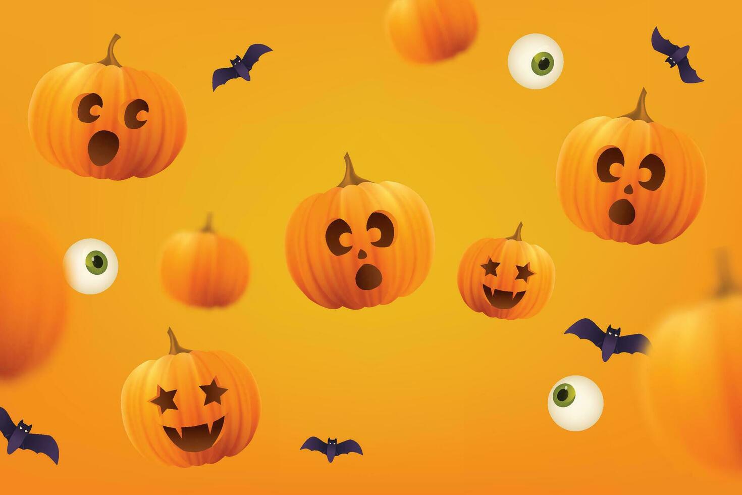 Halloween concept, content jack o lanterne avec ailes en volant parmi citrouilles sur Orange Couleur arrière-plan, minimal style, 3d rendre vecteur