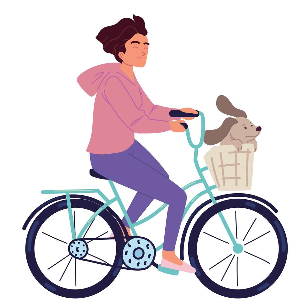 femme faisant du vélo avec animal de compagnie vecteur