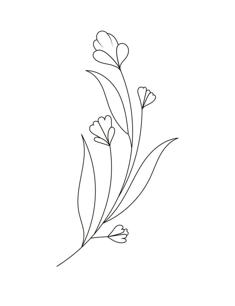 floral branche et minimaliste fleur pour logo ou tatouage. main tiré sauvage champ flore, ligne mariage herbe, élégant feuilles pour invitation, enregistrer le Date carte. vecteur