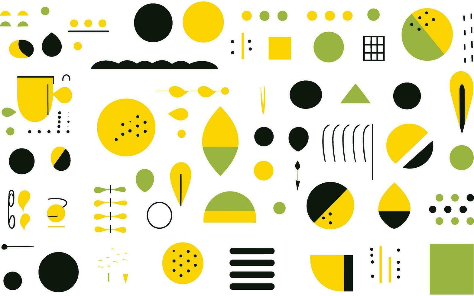 ensemble de moderne plat géométrique formes dans jaune, dans le style de rayures et formes, audacieux noir grandes lignes, géométrique formes motifs, blanc arrière-plan, géométrique vecteur