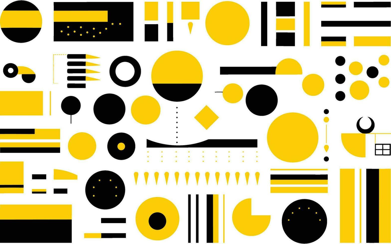 ensemble de moderne plat géométrique formes dans jaune, dans le style de rayures et formes, audacieux noir grandes lignes, géométrique formes motifs, blanc arrière-plan, géométrique vecteur