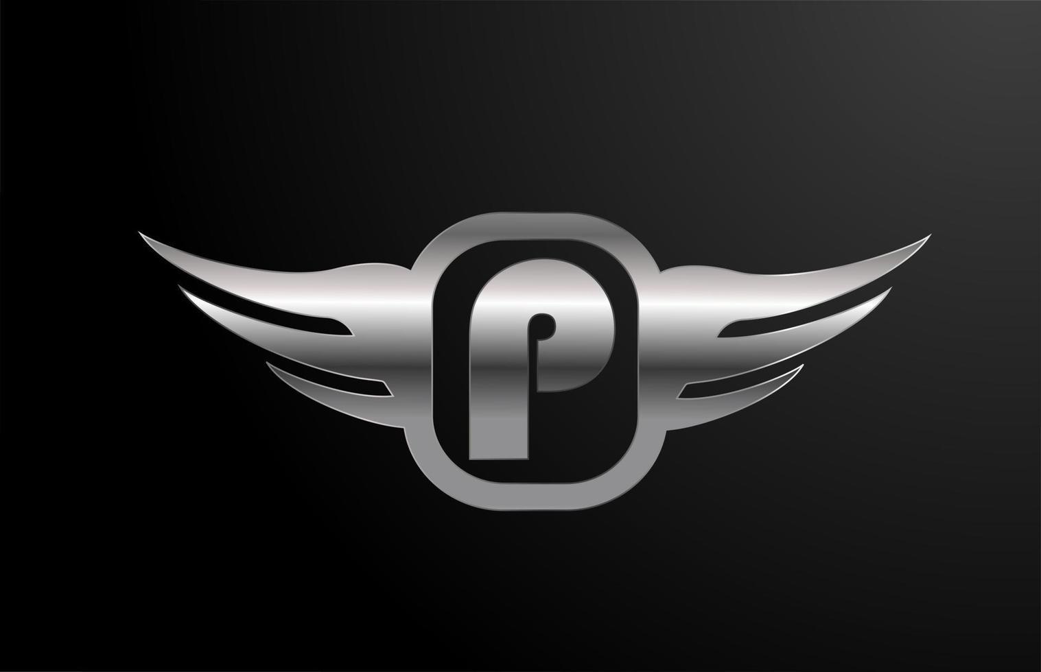 Alphabet de logo de lettre p pour les entreprises et les entreprises avec des ailes et une couleur argentée. lettrage et brading d'entreprise avec l'icône du design en métal vecteur