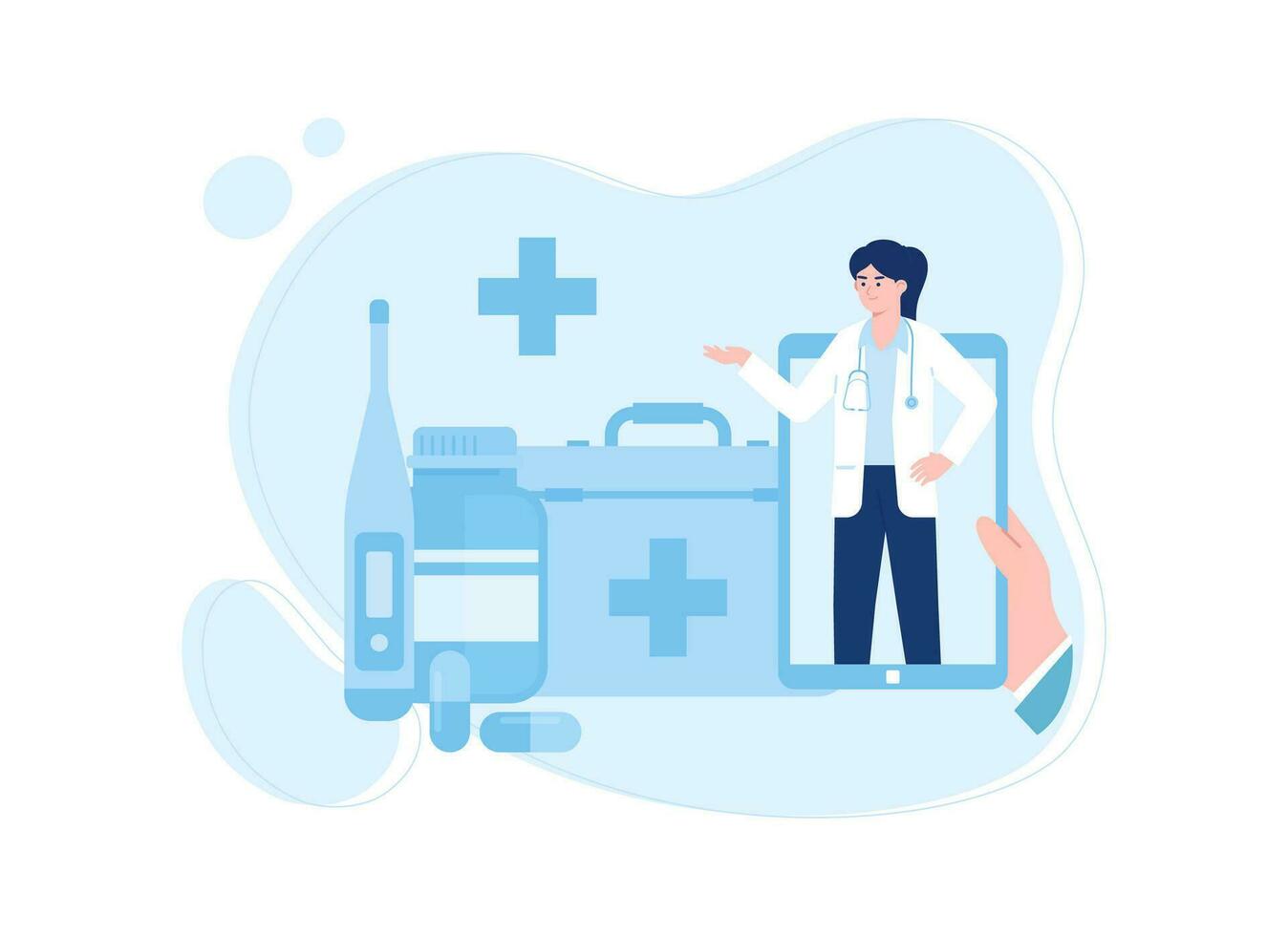 médecin dosage avec médical sac, thermomètre et médicament bouteille concept plat illustration vecteur