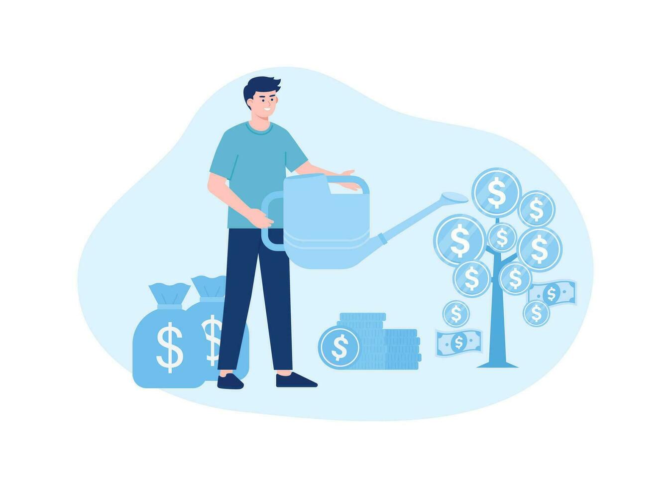 une homme arrosage une pièce de monnaie arbre avec une sac de argent concept plat illustration vecteur