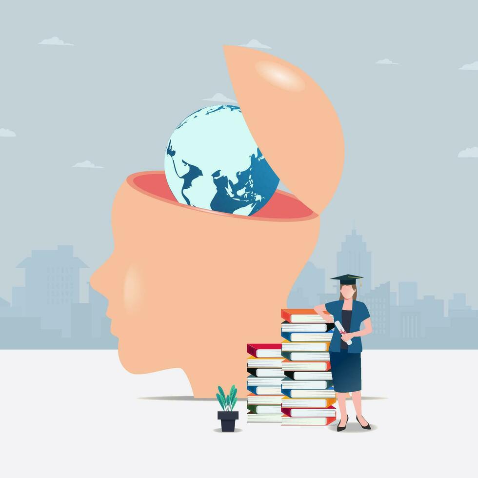 globe à l'intérieur le tête et livres empiler. connaissance et éducation concept vecteur illustration