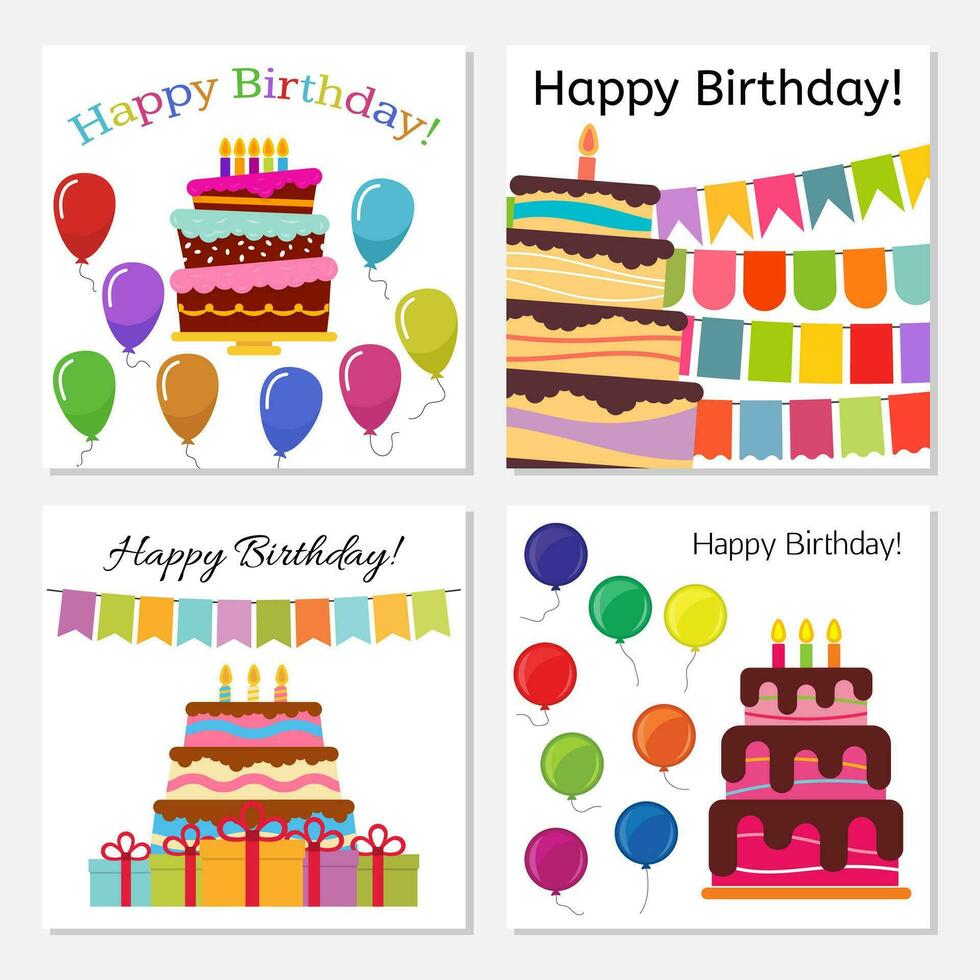 ensemble de quatre salutation cartes avec sucré gâteau pour anniversaire fête. vecteur illustration