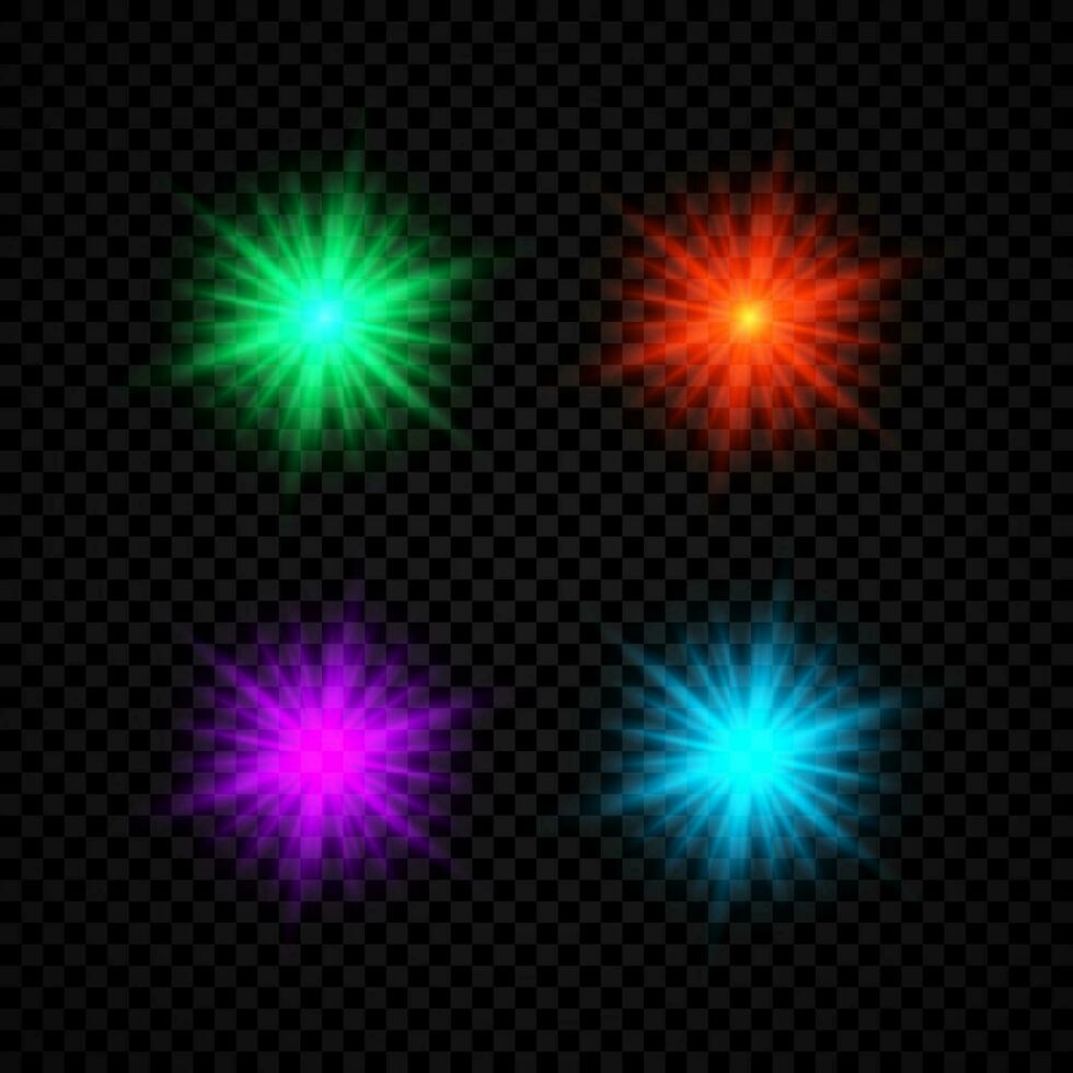 lumière effet de lentille fusées éclairantes. ensemble de quatre vert, rouge, violet et bleu embrasé lumières starburst effets avec scintille sur une foncé vecteur